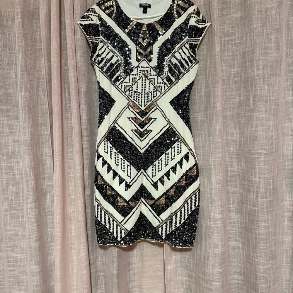 Express Black and Gold Sequin Mini Dress